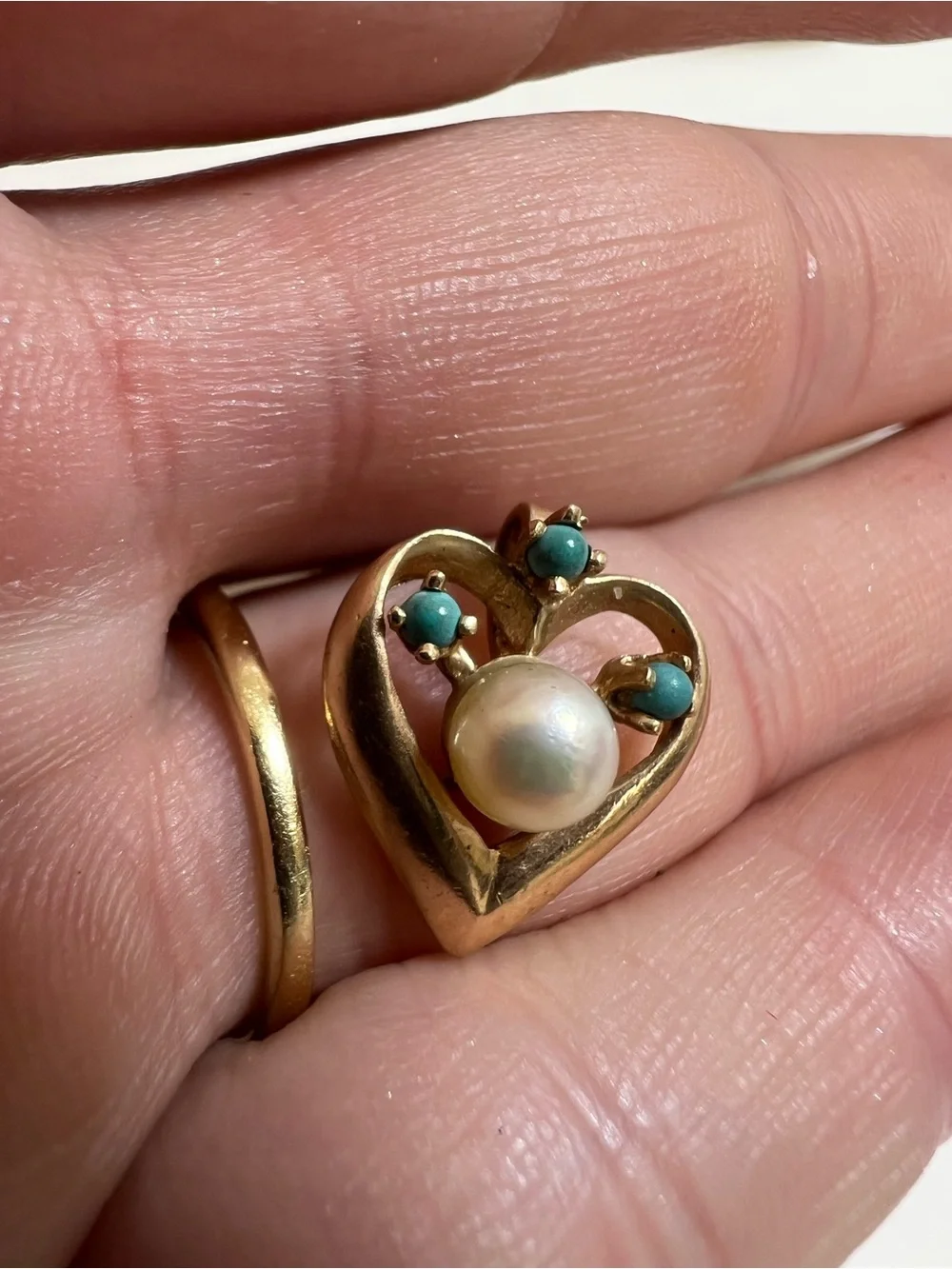 14K Gold Heart Pearl and Turquoise Accent Pendant